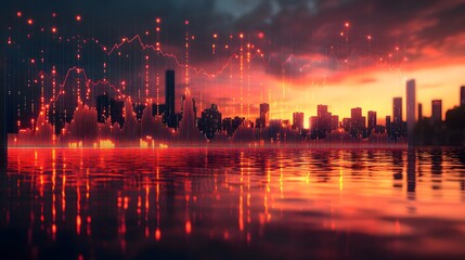 Virtual financial chart overlay on a city skyline, symbolizing business growth and market trends.