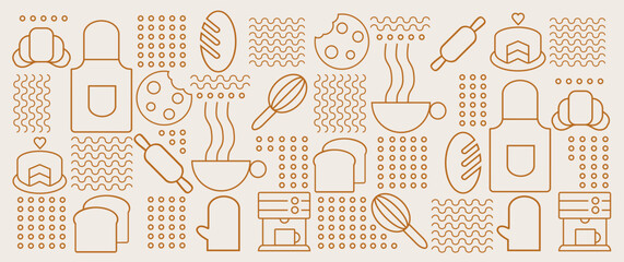 Hand drawn illustration of Bakery and Coffee. Icons. Abstract geometric line background. Gold luxury. Pattern for cover design, food package, menu, background, café wall, coffee shop, web banner