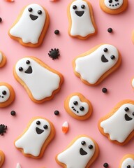 Fototapeta premium autumn, Halloween backdrop with decoration and cookies In form of ghosts on pink background. festive card, flyer, invitation concept.copy space