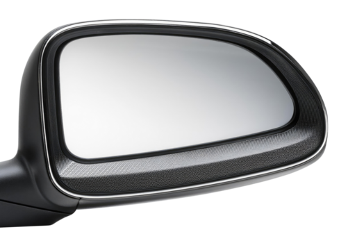 Black car side mirror with chrome trim Isolated on Transparent Background