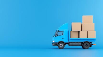 Blue delivery truck carrying stacked cardboard boxes on a blue background. Concept of logistics, shipping, and delivery services.