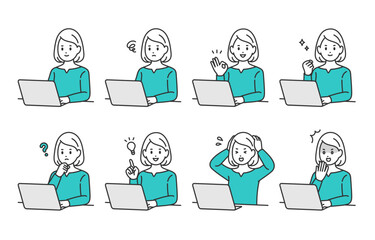 パソコンを見ながらいろいろな表情･ポーズをする若い女性のセット【人物ベクターイラスト素材】