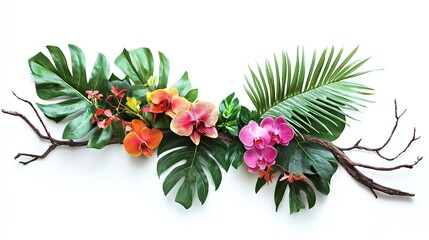 Obraz premium Tropical vibes plant bush floral arrangement with tropical leaves Monstera and fern and Vanda orchids tropical flower decor on tree branch liana vine plant isolated on white background.generative ai
