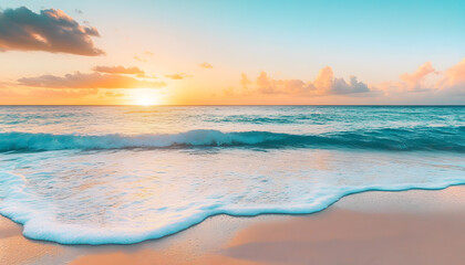 Fototapeta premium Crystal-clear turquoise waters with gentle waves lapping at a pristine beach under a golden sunset