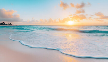 Fototapeta premium Crystal-clear turquoise waters with gentle waves lapping at a pristine beach under a golden sunset