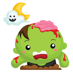 Cute Kids Wearing Zombie Halloween Costume Party Celebration Cartoon Illustration Vector Clipart Sticker Decoration Background
