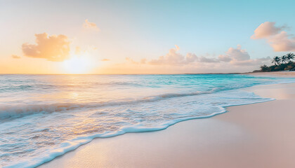 Fototapeta premium Crystal-clear turquoise waters with gentle waves lapping at a pristine beach under a golden sunset