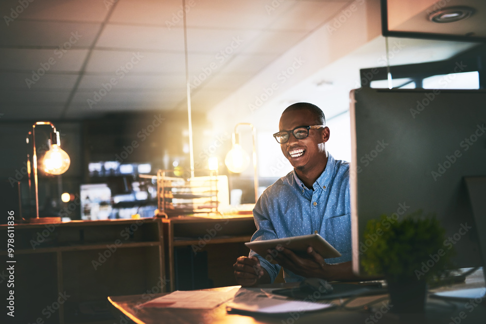 Poster Night, tablet and black man in office for programming, progress and research for web design. Programmer, happy and glasses at tech for software development, career growth and excited for new project