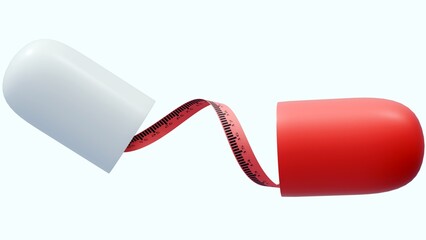 3d rendering of drug capsule-shaped pill surrounded by a coiled measuring tape. The measuring tape's numbers are visible, suggesting a connection to weight loss or body measurements.