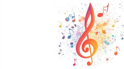 Colorful music notes and treble clef with paint splashes on a white background.