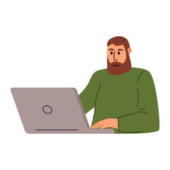 Young bearded man is working on a laptop.Office worker.Person works and studies online.Freelancer guy with laptop.Social media communication.Vector illustration cartoon.