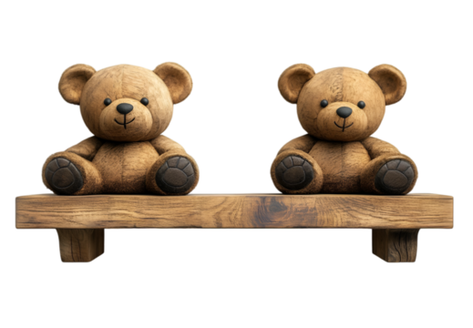 two teddy bears sitting on a wooden shelf. 