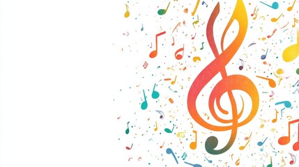 Colorful music notes and treble clef with paint splashes on a white background.