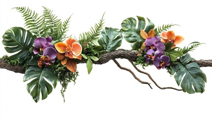 Tropical vibes plant bush floral arrangement with tropical leaves Monstera and fern and Vanda orchids tropical flower decor on tree branch liana vine plant isolated on white background.generative ai