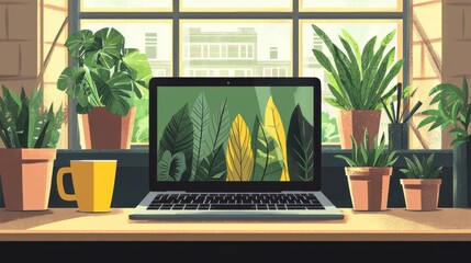 Cozy Workspace with Laptop, Motivational Quote, Coffee Cup, and Green Plants for Inspiration
