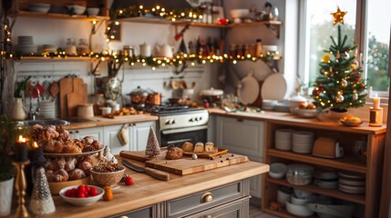 Rustic kitchen counter is filled with delicious christmas cookies pastries and ingredients, showcasing the warmth and joy of holiday baking. The decorated christmas tree adds a festive new year touch