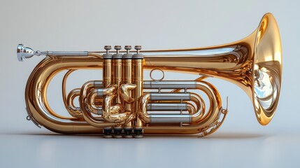 Obraz premium A shiny tuba resting on a surface, showcasing its intricate design.