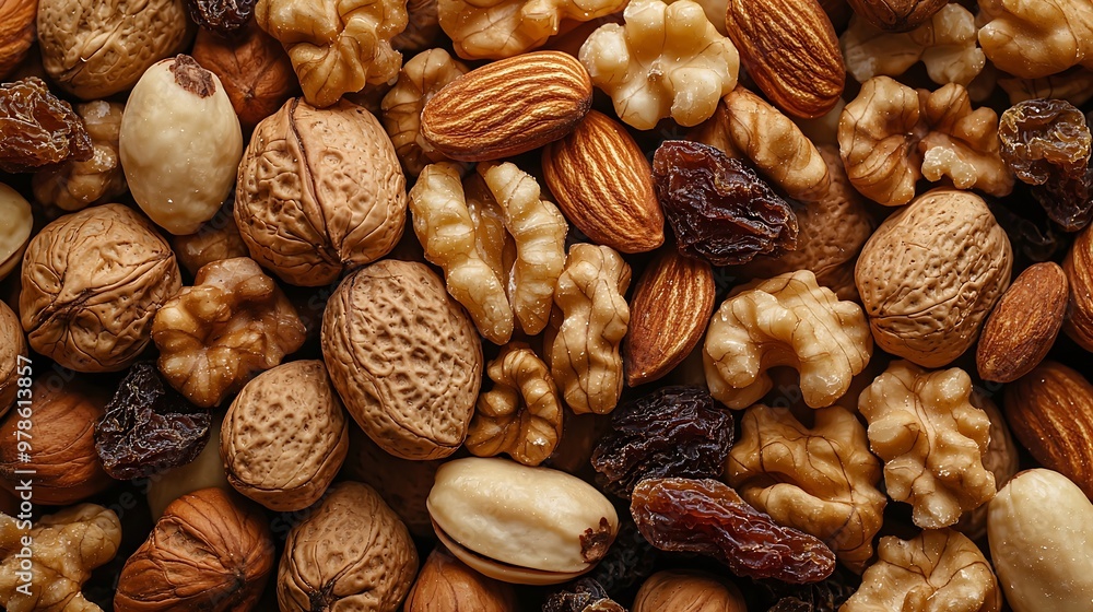 Poster dried fruits and nuts closeup texture top view : generative ai