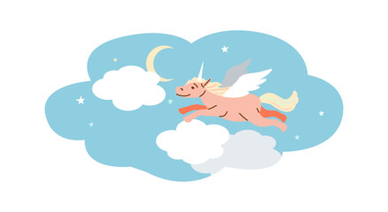 Unicorn flying in night sky among clouds flat color vector icon. Dreaming about adventures with fairy tale beasts illustration on white background