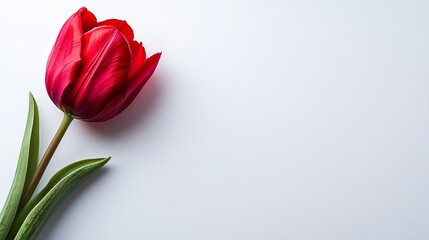 Fototapeta premium Bright red tulip on white background with soft shadows, isolated for modern and clean design, ample space for text
