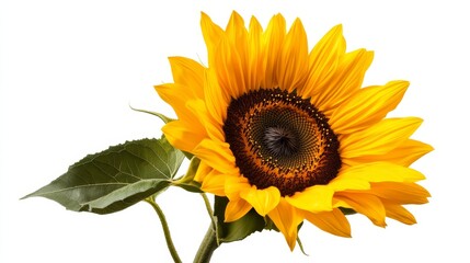 Naklejka premium Bright sunflower in full bloom, centered and isolated on white background, bold yellow petals surrounding a rich dark center, ideal for nature-inspired designs.