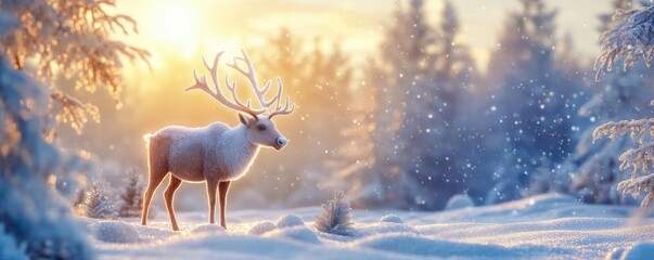 Obraz premium Majestic animal stands gracefully in a snowy landscape, illuminated by the golden glow of the sun amidst winter trees.