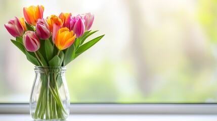 Bright tulips in a clear glass vase, windowsill setting with natural light, on a white background, isolated