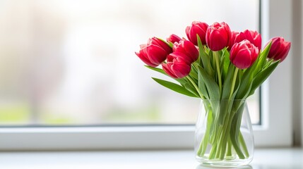 Bright tulips in a clear glass vase, windowsill setting with natural light, on a white background, isolated