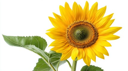Obraz premium Bright yellow sunflower with green leaves, positioned on a solid white background, ideal for summer or botanical illustrations.