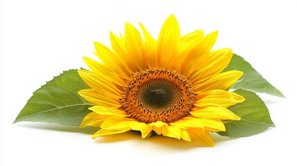 Bright yellow sunflower with green leaves, positioned on a solid white background, ideal for summer or botanical illustrations.