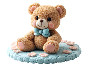 a teddy bear sitting on a blue round object