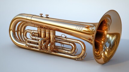 A shiny brass tuba displayed on a light background.