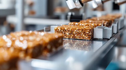 Close up of plant based protein bar being manufactured, showcasing its texture and ingredients