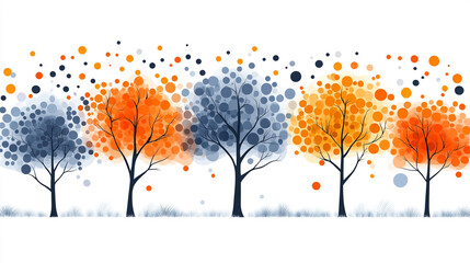 Vibrant abstract illustration of trees with colorful orange, gray, and blue leaves, portraying the beauty of nature in art.