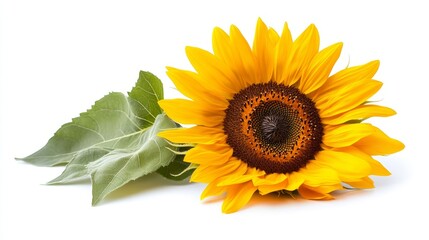 Obraz premium A single sunflower in full bloom, with vivid yellow petals and a deep brown center, isolated on a pure white background, perfect for summer-inspired visuals.