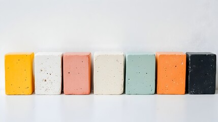 Neatly Stacked Colorful Yoga Blocks on White Surface for Fitness and Wellness