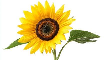 Fototapeta premium A single sunflower in full bloom, with vivid yellow petals and a deep brown center, isolated on a pure white background, perfect for summer-inspired visuals.