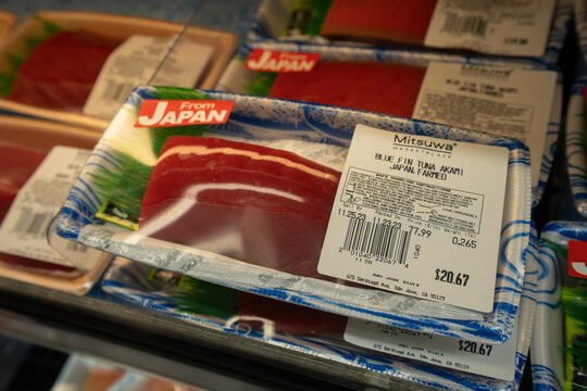 San Jose, CA, USA - Nov 23, 2023: Farmed Bluefin tuna akami from Japan in the cooler at the Mitsuwa Marketplace in San Jose, California. Mitsuwa is a Japanese supermarket chain in North America.
