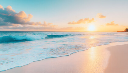 Fototapeta premium Crystal-clear turquoise waters with gentle waves lapping at a pristine beach under a golden sunset