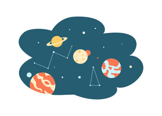 Outer space with planets and constellations flat color vector icon. Exploring cosmos depth science illustration on white background