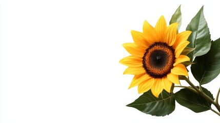 A single sunflower with bright yellow petals and large green leaves, isolated on a solid white background, high contrast, perfect for nature-themed designs.
