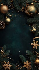 Festive Christmas border with gold ornaments, pine branches, and ribbons, dark green background