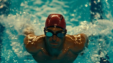 Aerial view of male swimmer using butterfly stroke in pool for championship training