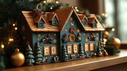 Beautiful Advent Calendar in a Wooden House Design, Surrounded by Golden Christmas Ornaments and Evergreen Decorations