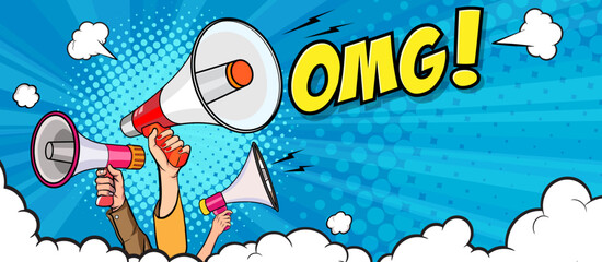 Hand holds megaphone bullhorn in retro pop art comic style  Loudspeaker Business banner