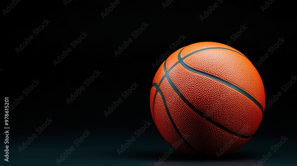 Poster basketball against a black backdrop, showcasing the sleek design and texture of the ball, emphasizin