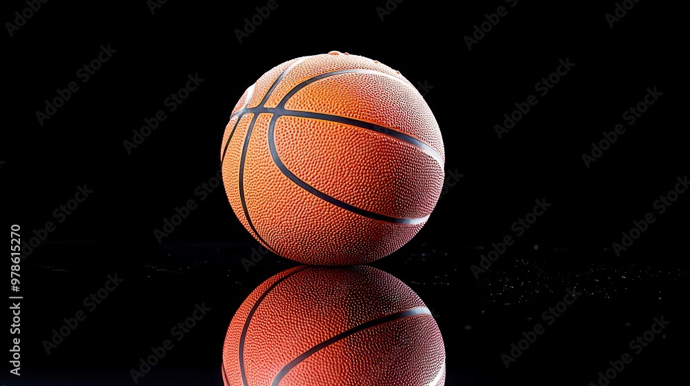 Poster basketball on a sleek black backdrop, emphasizing the texture and design of the ball, creating a str