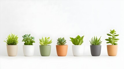 Fototapeta premium Six Diverse Potted Plants Neatly Arranged on a White Surface