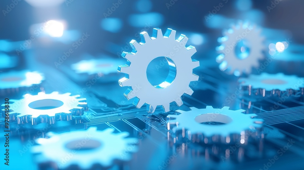 Aufkleber business process automation concept, interlocking gears and icons symbolize efficiency, abstract bac