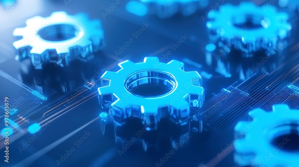 Poster business process automation concept, interlocking gears and dynamic icons, abstract background, emph
